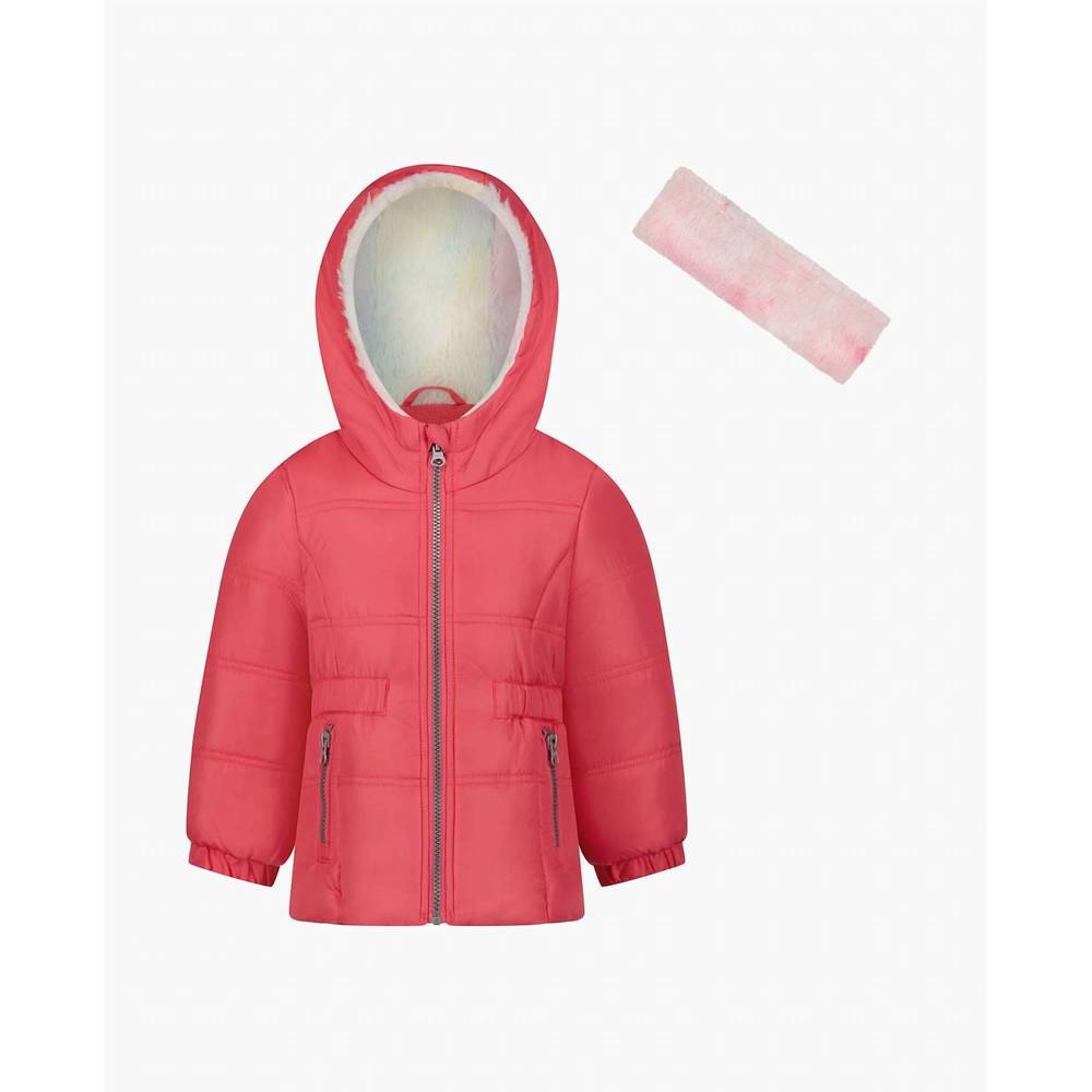 NEW LONDON FOG girls zip-front hooded mid cinch puffer jacket in fuchsia
